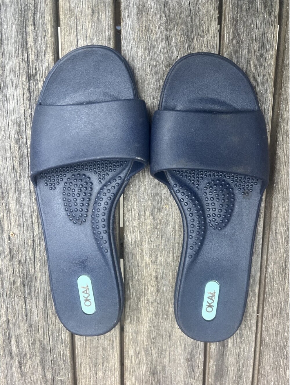 Oka-B Womens M Navy Slide Sandals Comfort Reflexology Footbed Made in USA